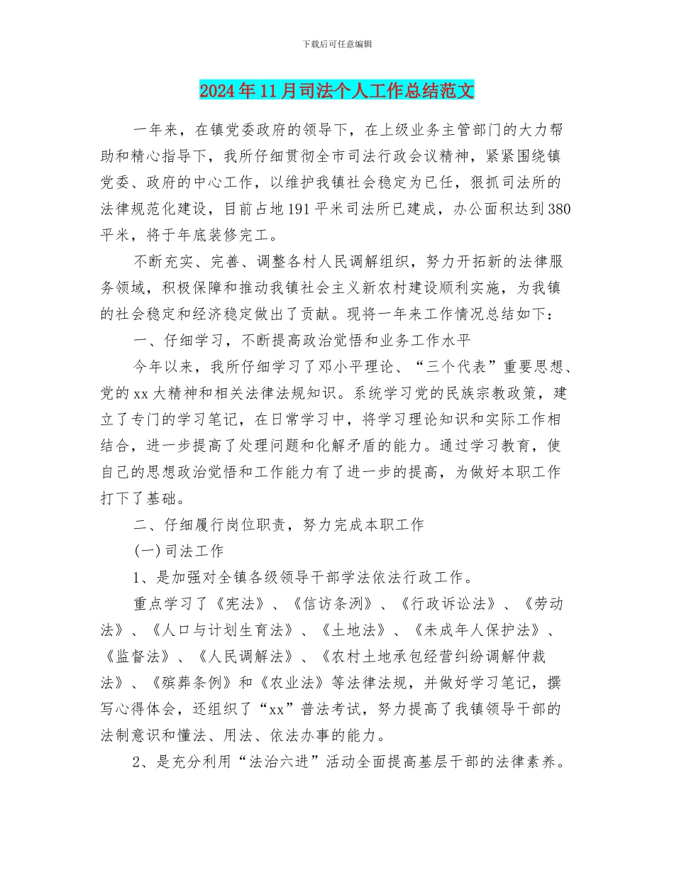 2024年11月司法个人工作总结范文_第1页