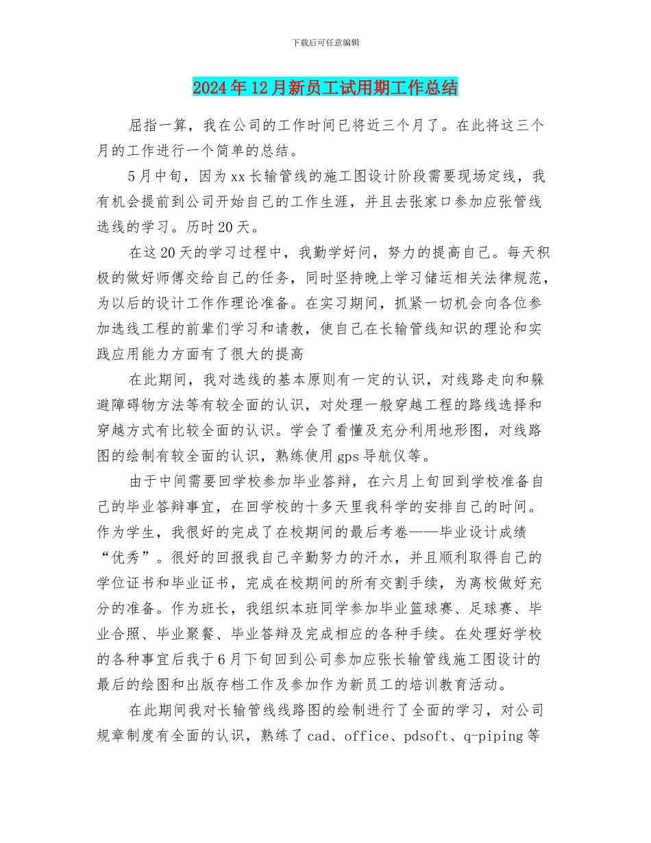 2024年12月新员工试用期工作总结_第1页