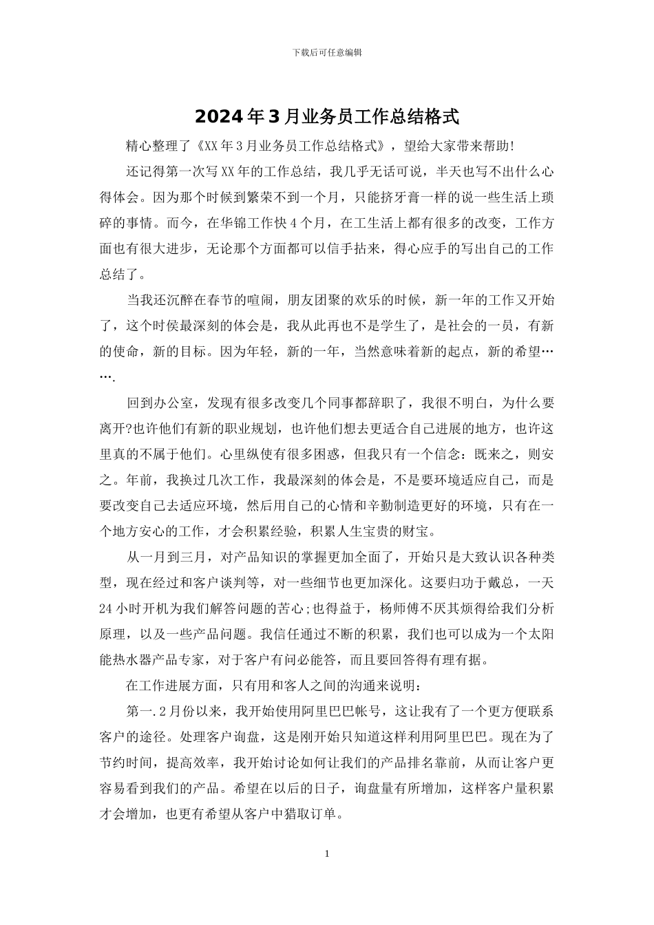 2024年3月业务员工作总结格式_第1页