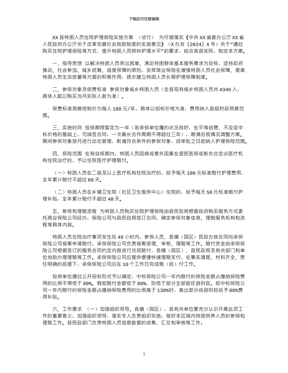 2024年XX县特困人员住院护理保险实施方案_第1页