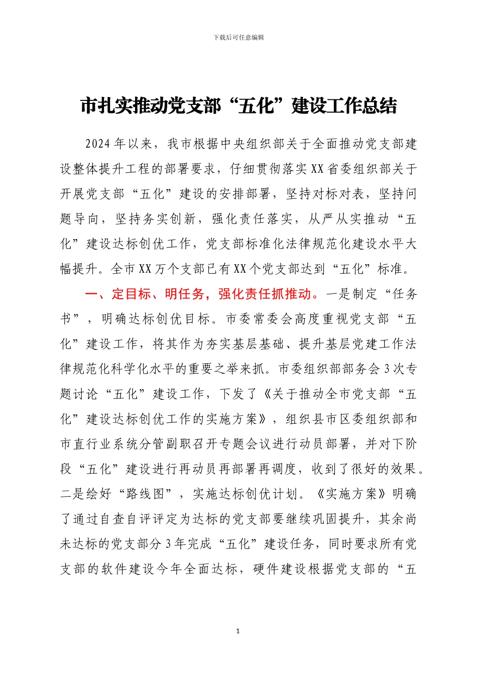 2024年×市扎实推进党支部五化建设工作总结范文_第1页