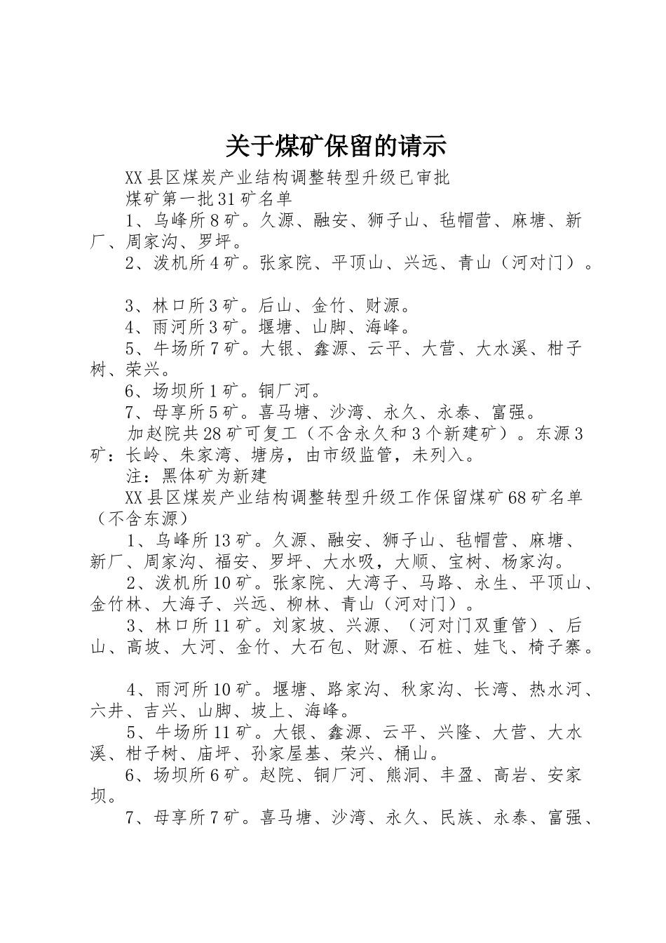 关于煤矿保留的请示_第1页