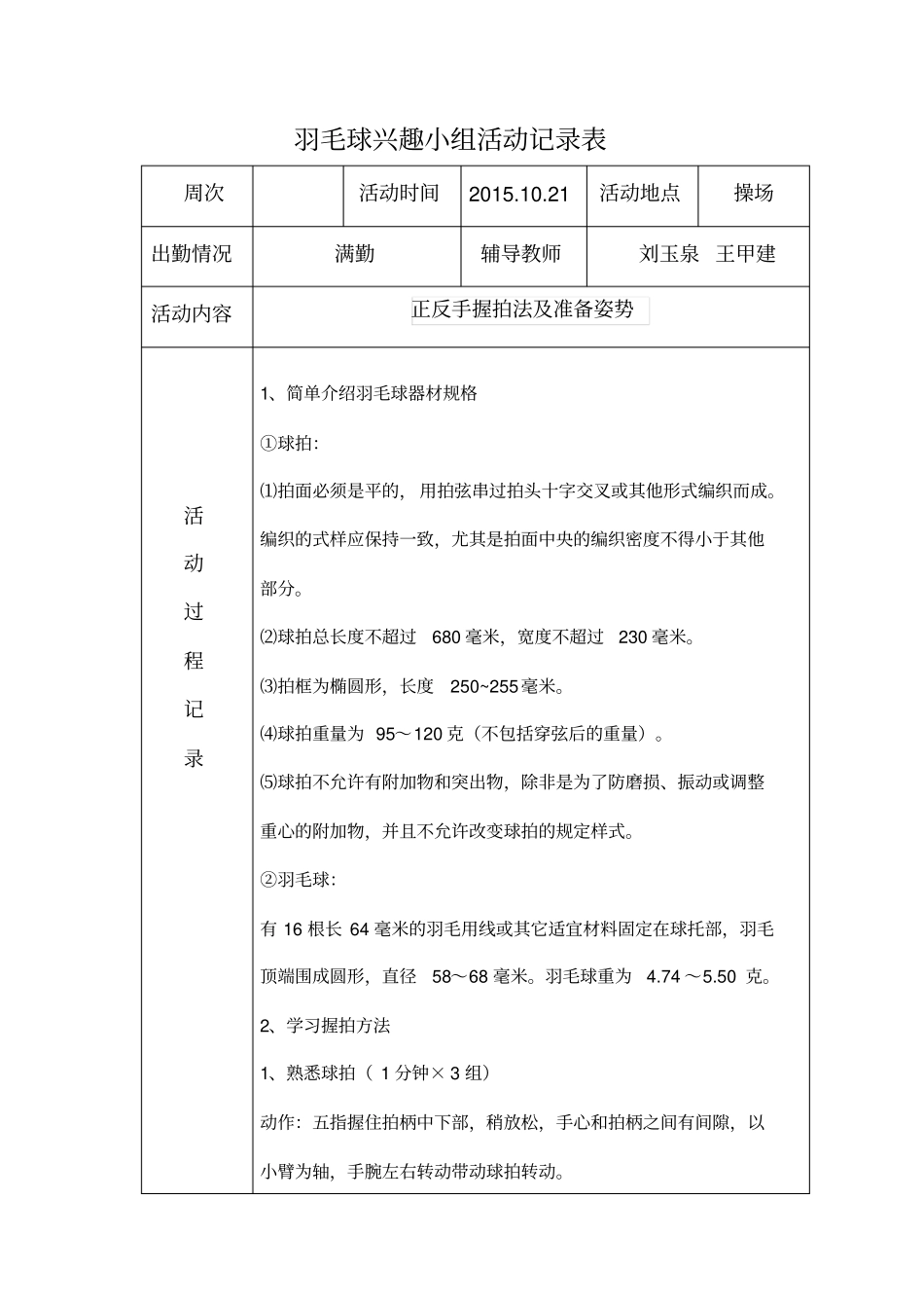 羽毛球兴趣小组活动记录表_第1页
