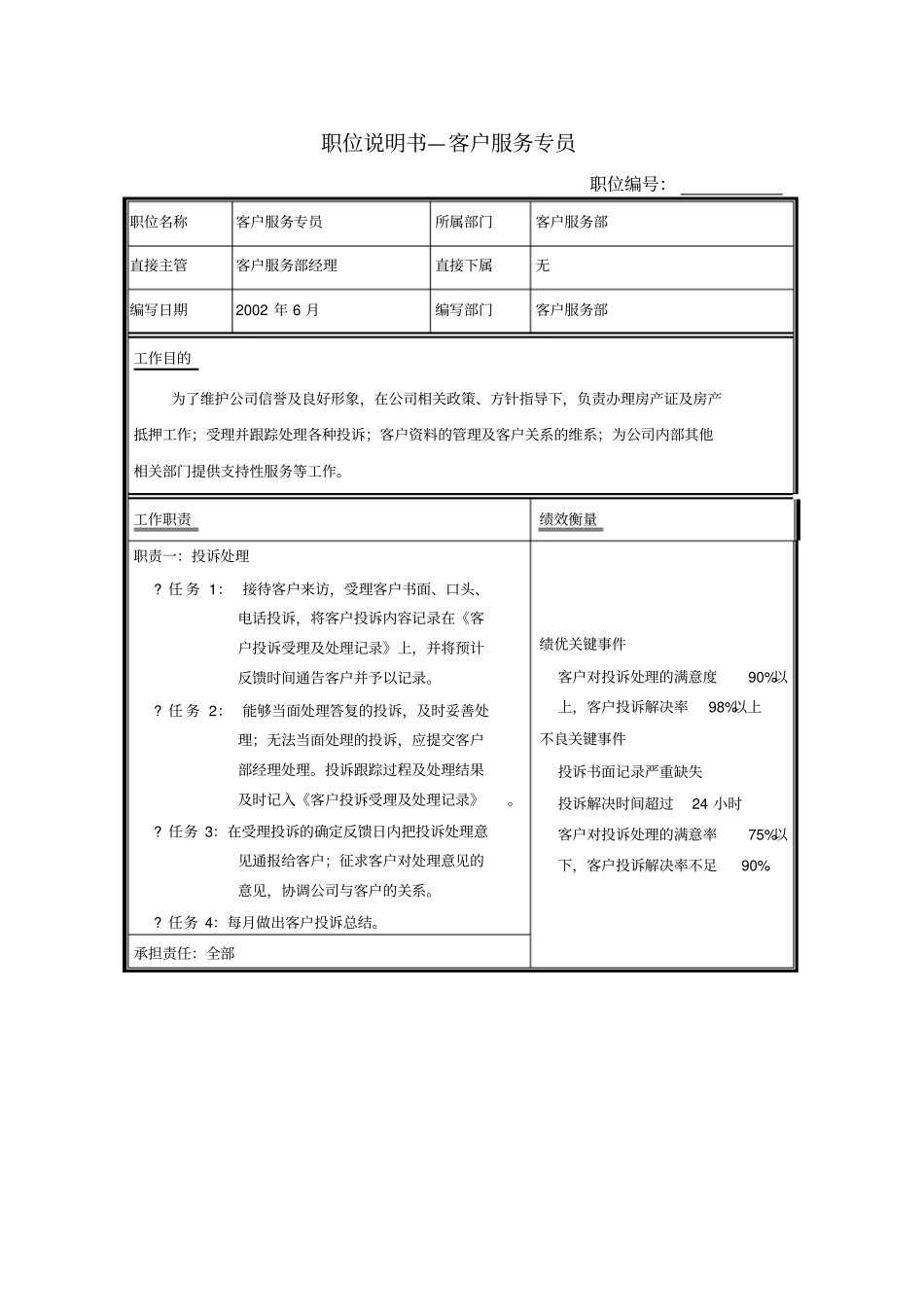 职位说明书客户服务专员_第1页