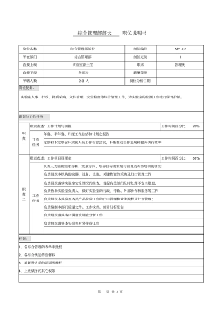 职位说明书试验室综合管理部部长