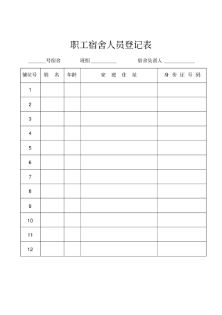 职工宿舍人员登记表