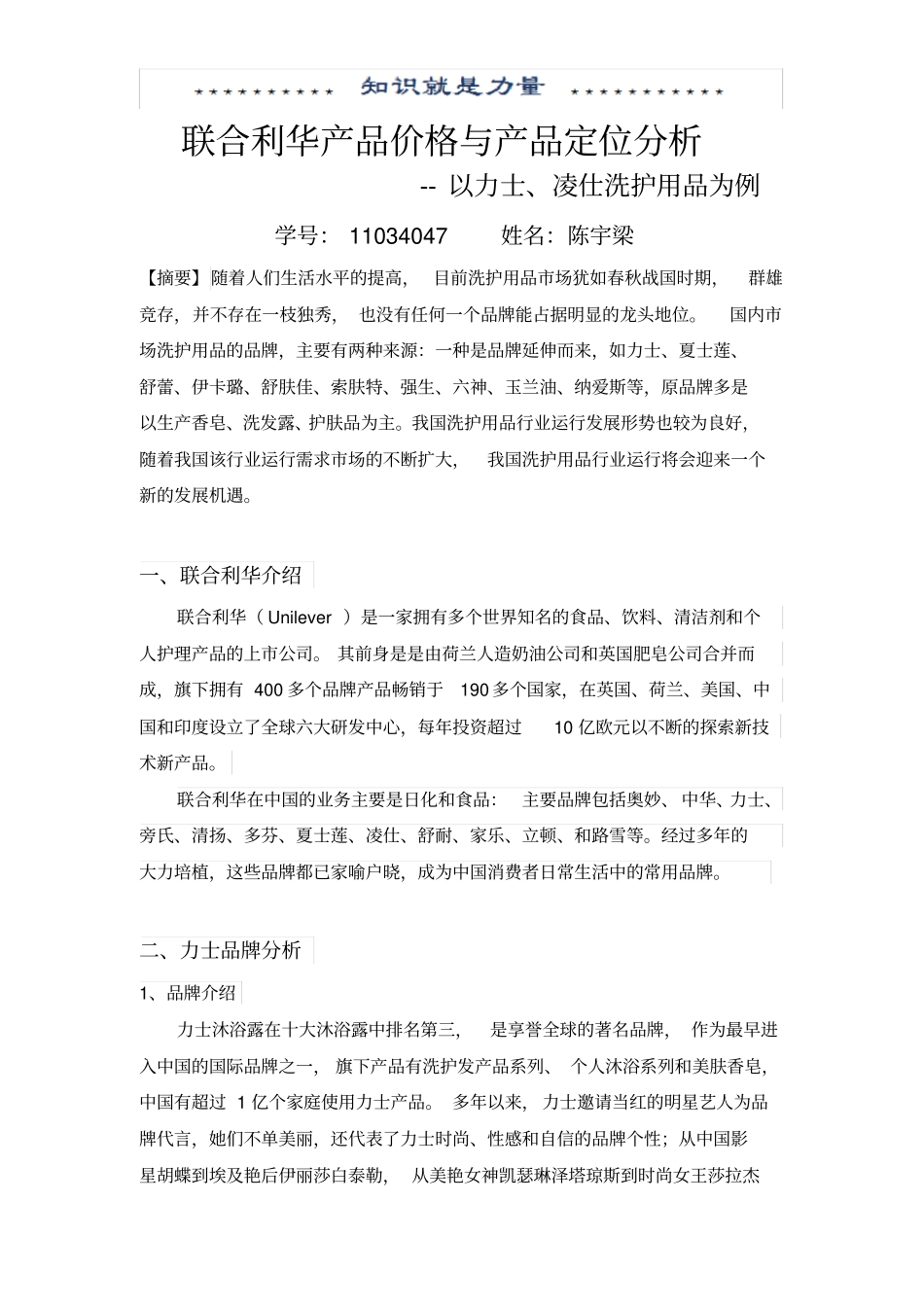 联合利华产品价格与产品定位分析_第1页