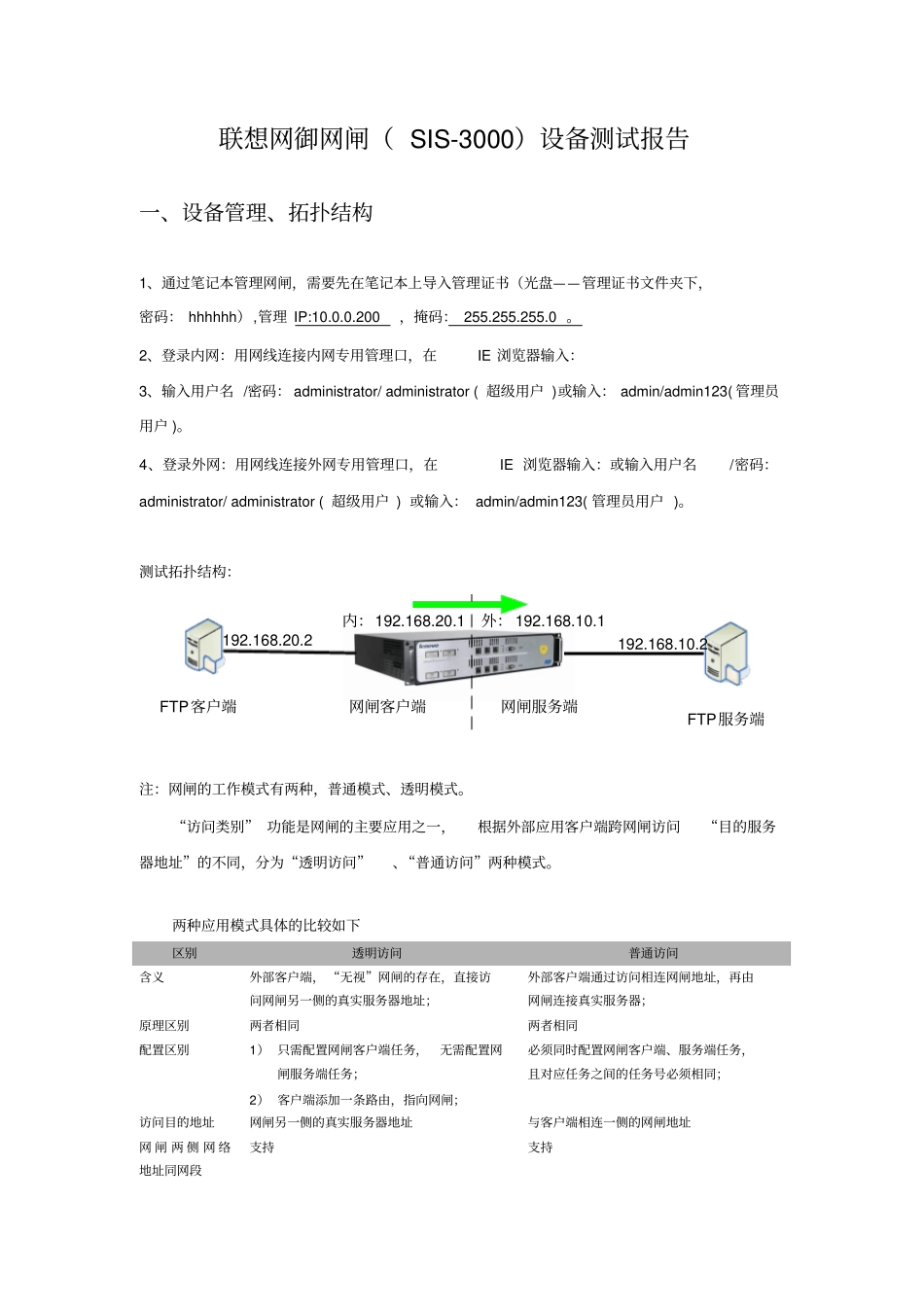 联想网御网闸SIS-3000设备测试报告_第1页