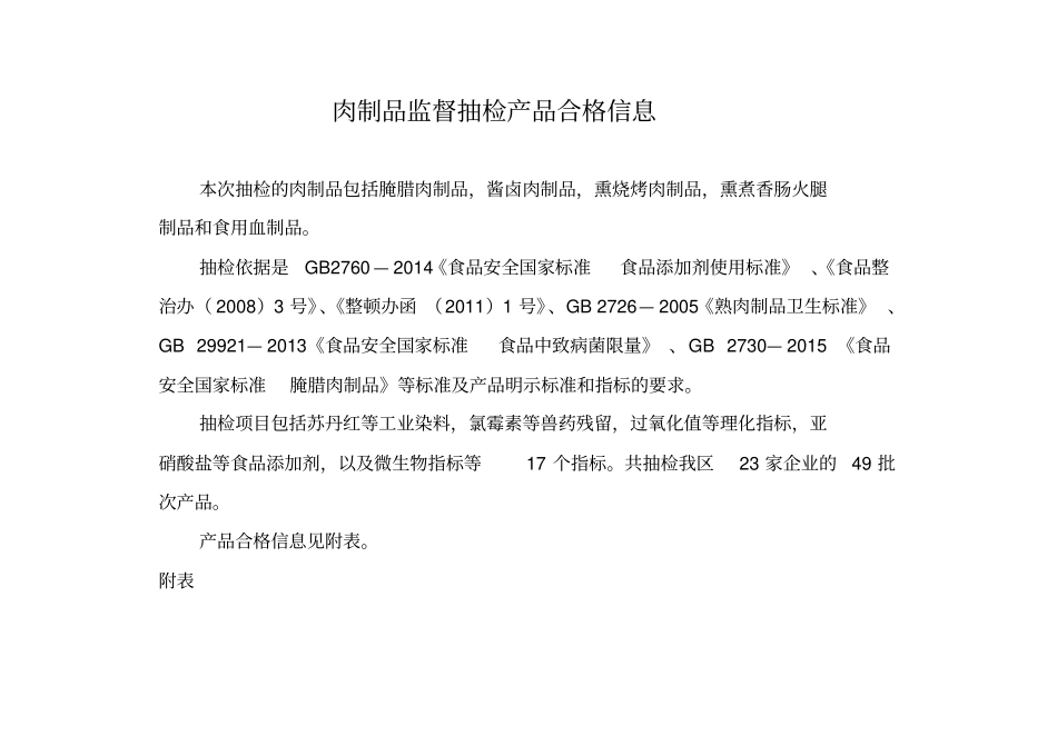 肉制品监督抽检产品合格信息_第1页