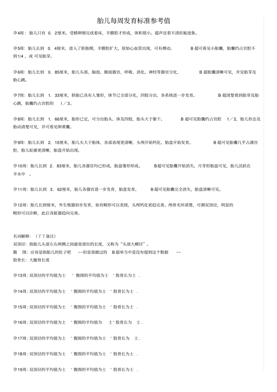 胎儿每周发育标准参考值附孕妇体重表_第1页