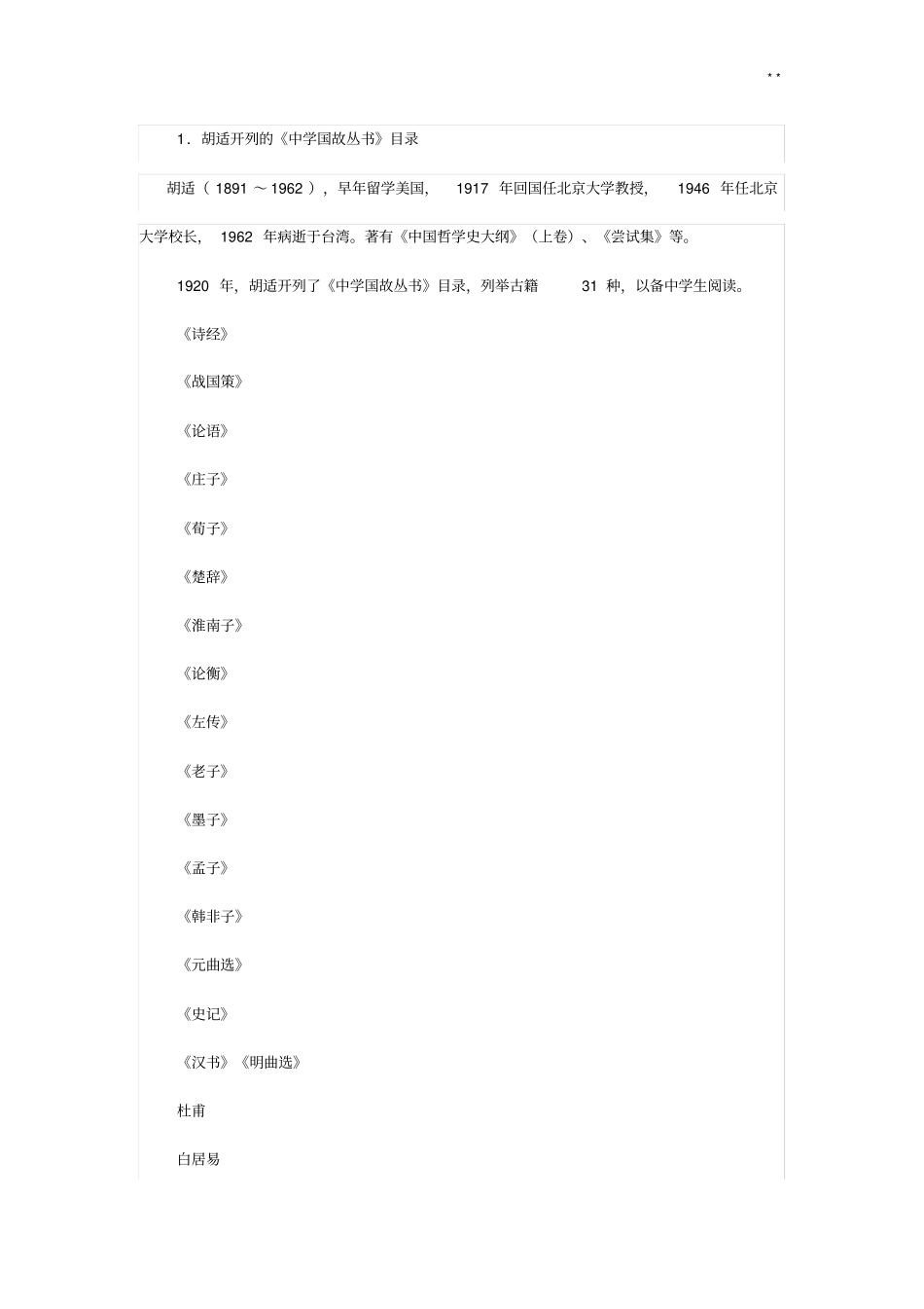 胡适开列的中学国故丛书名目_第1页