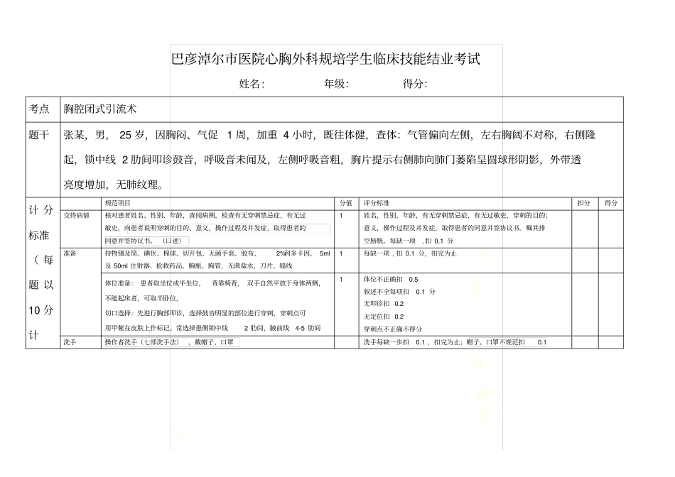 胸腔闭式引流技能考试题卡_第2页