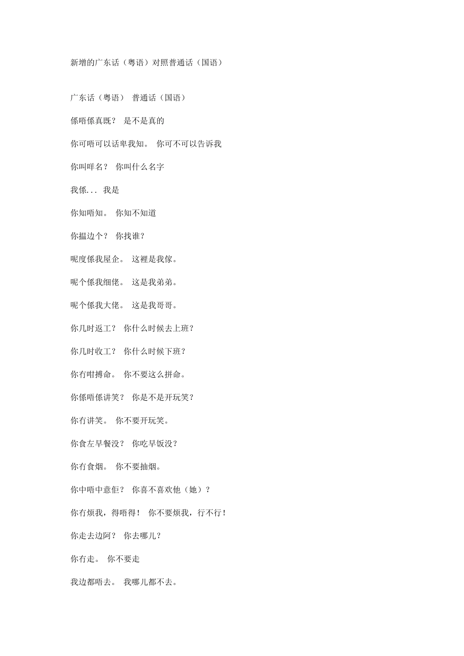 广东话(粤语)对照普通话(国语)_第1页