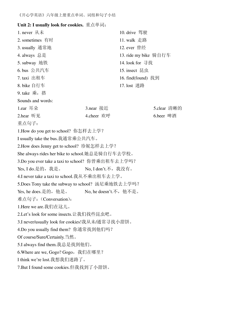广州版《开心学英语》六年级上册重点单词、词组和句子小结_第2页