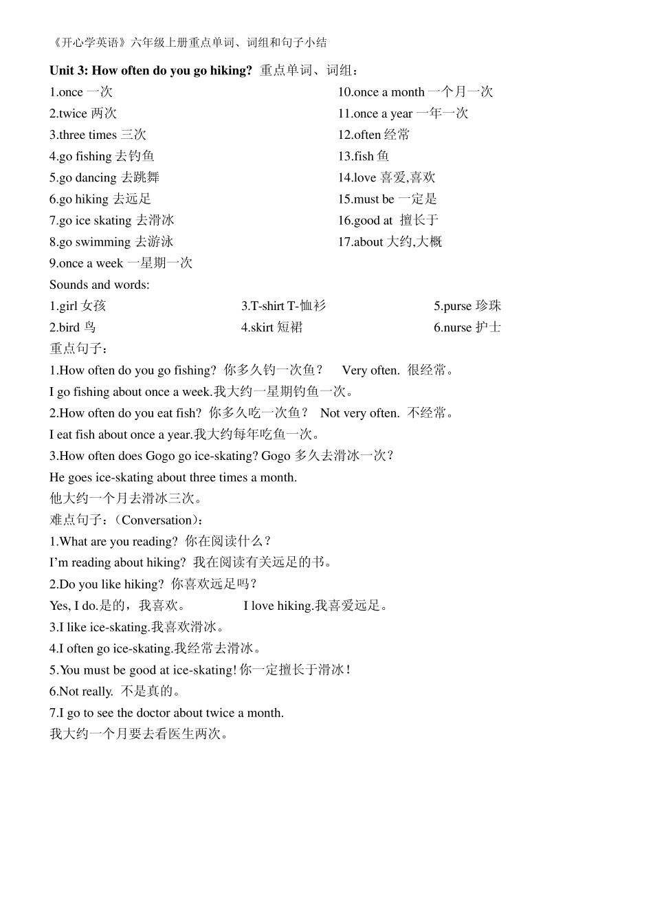 广州版《开心学英语》六年级上册重点单词、词组和句子小结_第3页