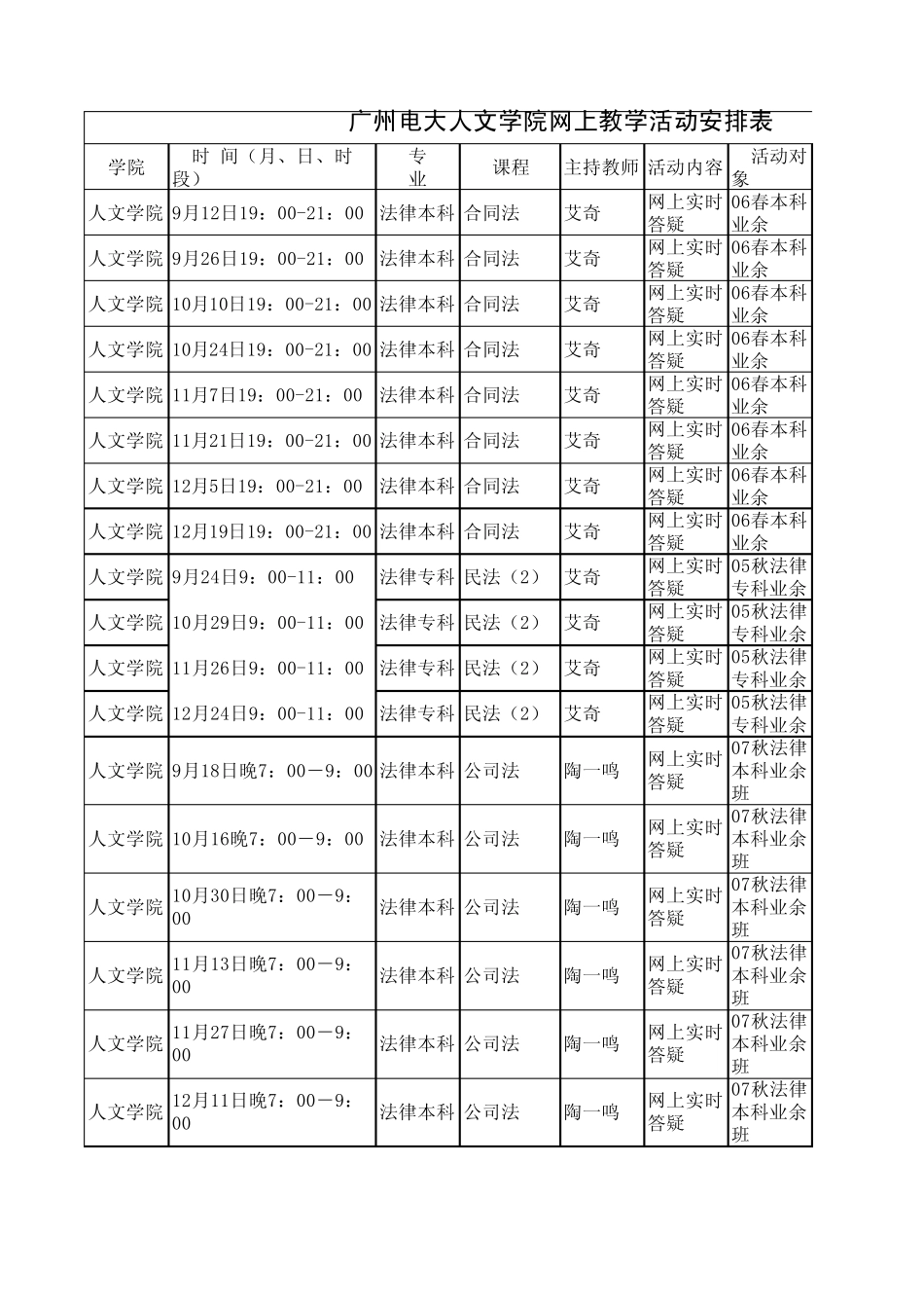 广州电大人文学院网上教学活动安排表_第1页