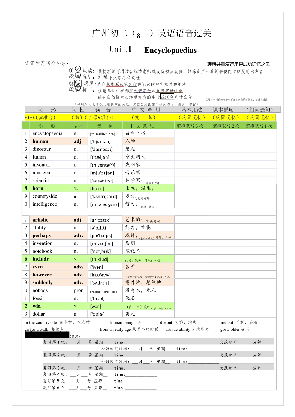 广州英语单词(含音标)初二8年级上沪教广深版_第1页