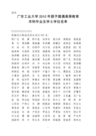广工大学位字〔2010〕10号关于授予陈广达等12363名普通