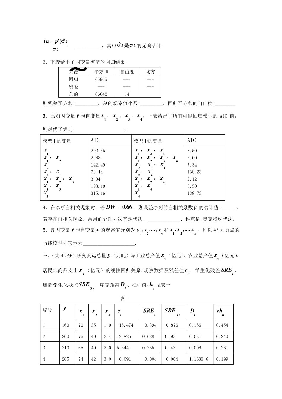 应用回归分析试题(2套)_第3页