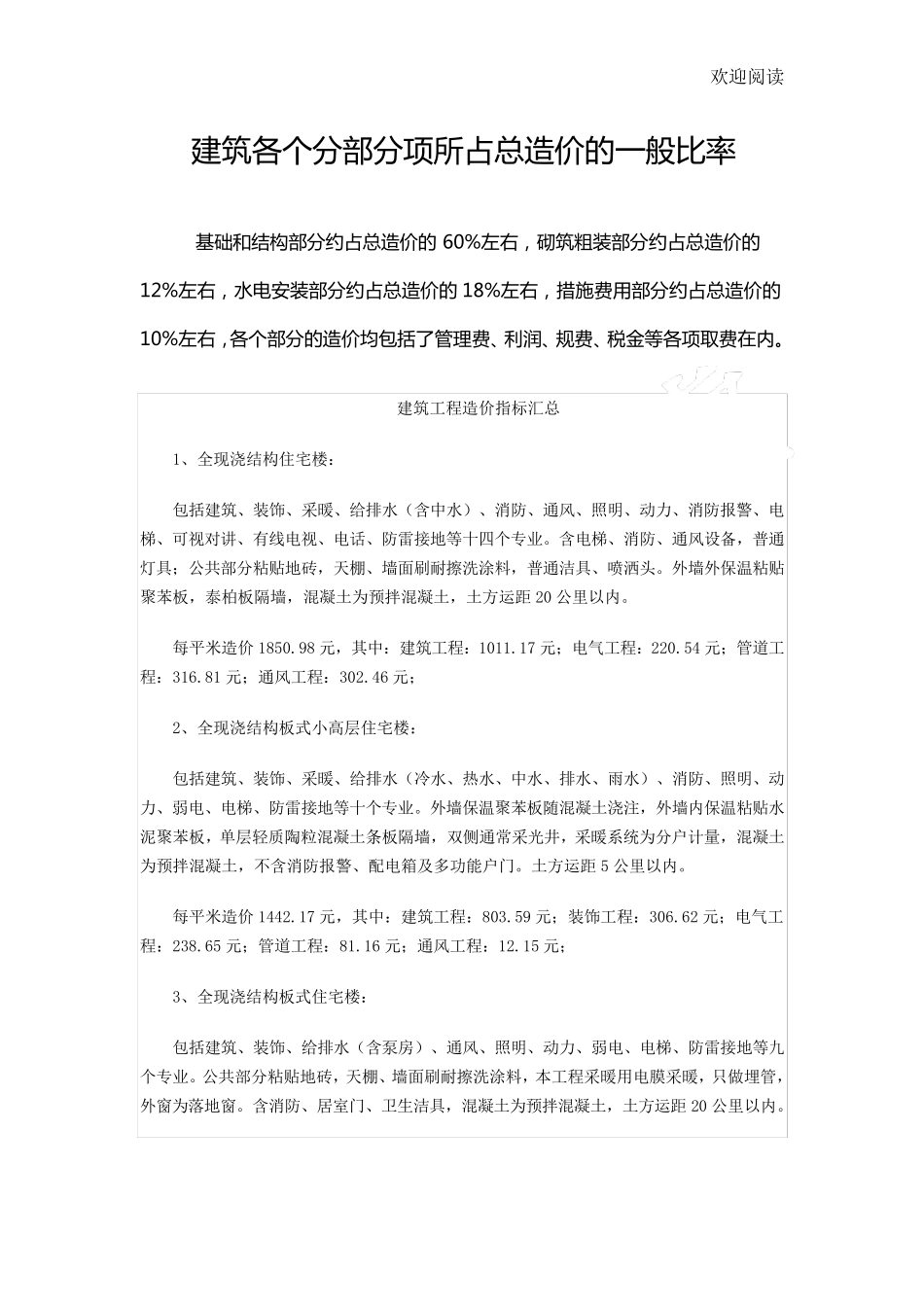建筑各个分部分项所占总造价的一般比率_第1页