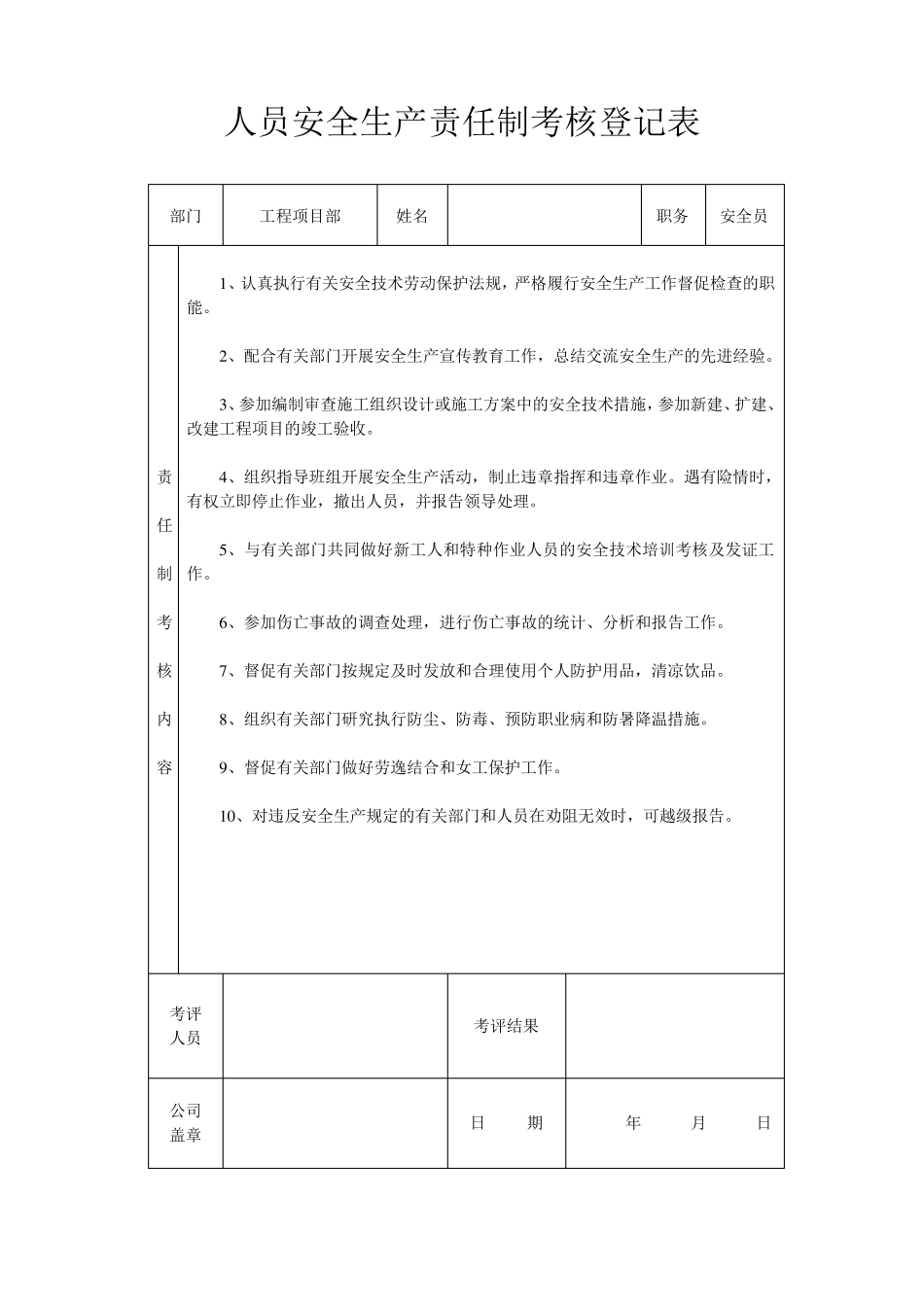 建筑工地项目部各级人员安全生产责任制考核表_第1页