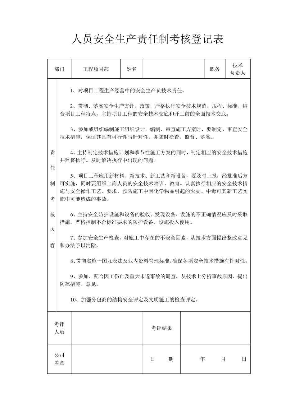 建筑工地项目部各级人员安全生产责任制考核表_第3页
