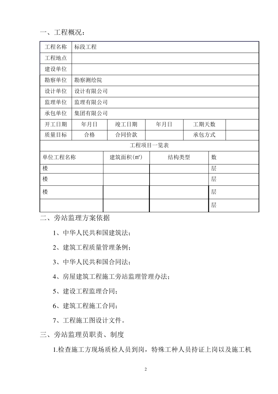 建筑工程关键部位、关键工序旁站监理方案_secret_第2页