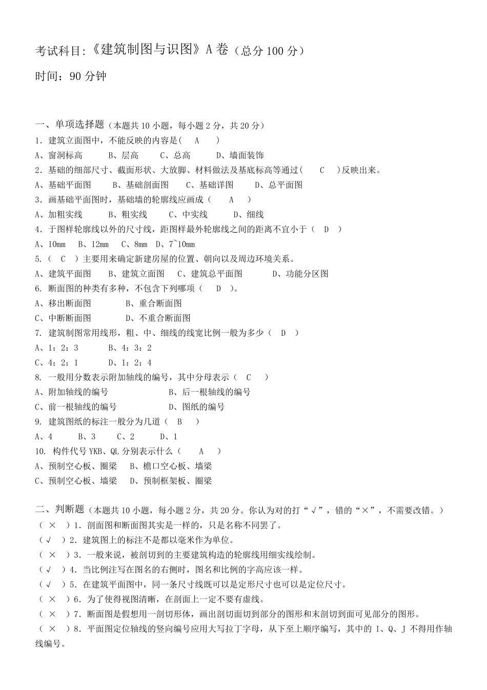 建筑工程制图与识图A、B卷_第1页