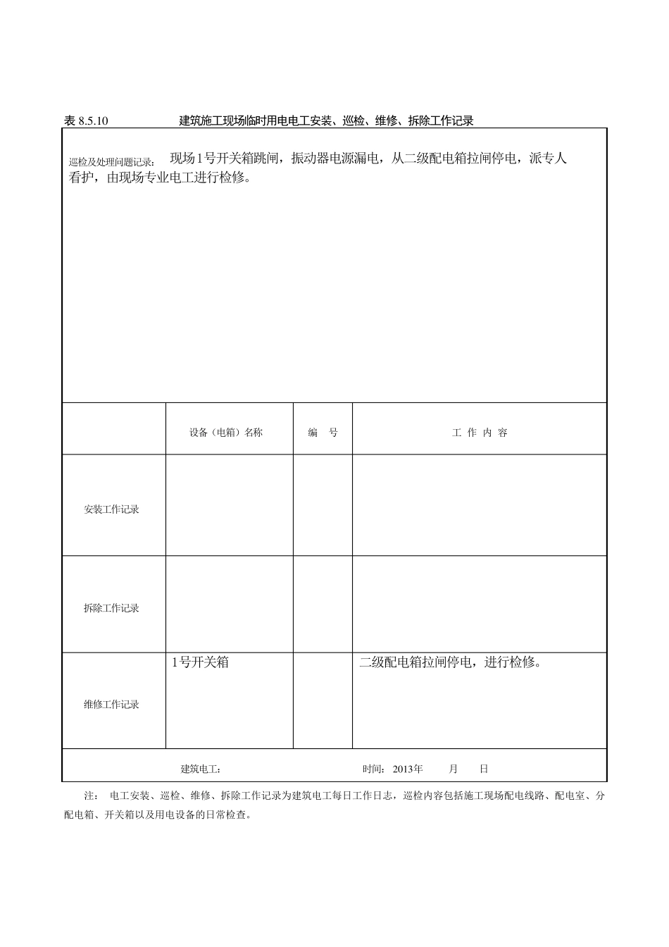 建筑施工现场临时用电电工安装、巡检、维修、拆除工作记录有内容_第1页