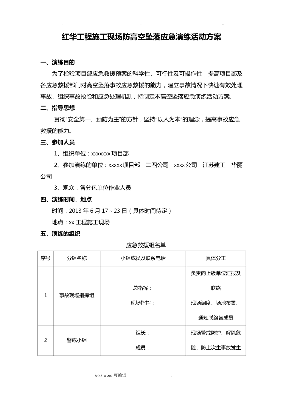 建筑施工现场防高空坠落应急演练活动方案_第1页