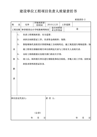 建设单位工程项目负责人质量责任书