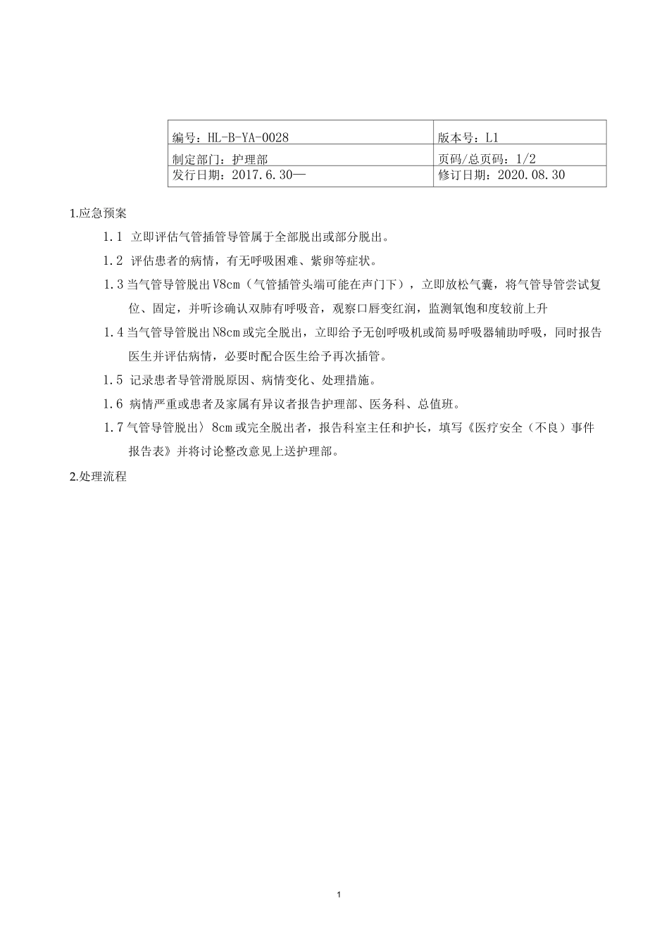 气管切开套管脱出应急预案及处理流程_第1页