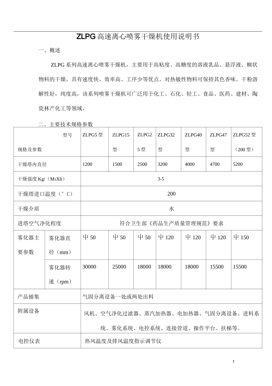 ZLPG高速离心喷雾干燥机使用说明书_第1页