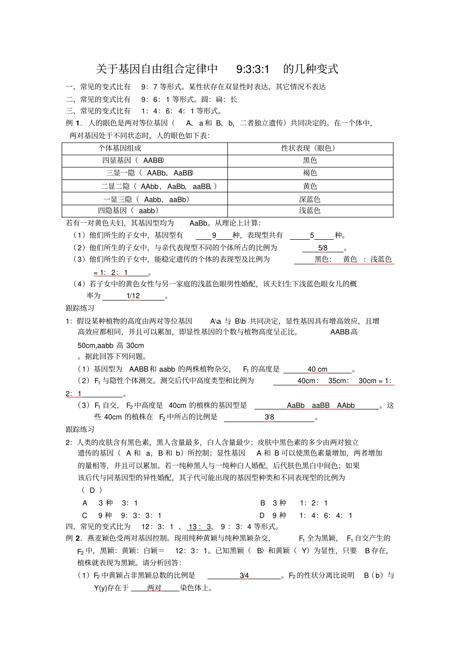 自由组合定律中9331的几种变式附答案_第1页