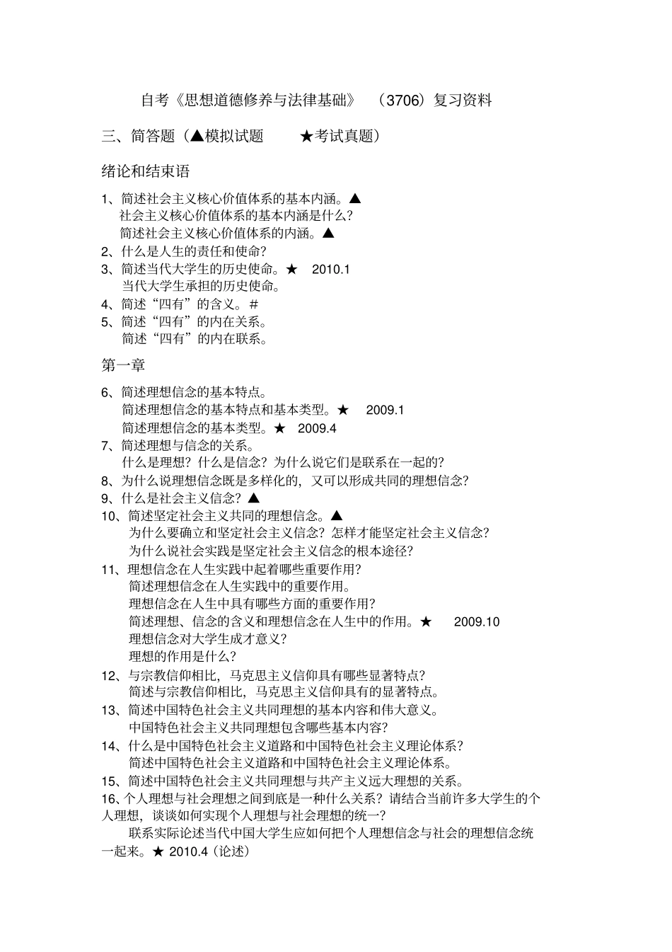 自考思想道德修养与法律基础简答题第一至思想道德修养部分_第1页