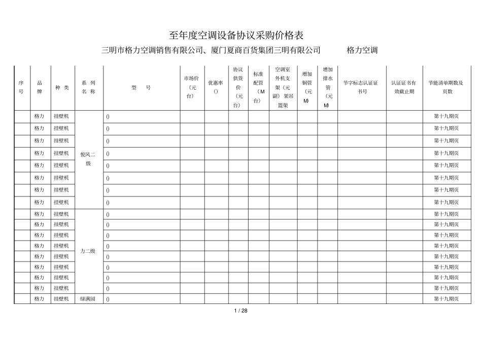 至2018年空调设备协议采购价格表_第1页
