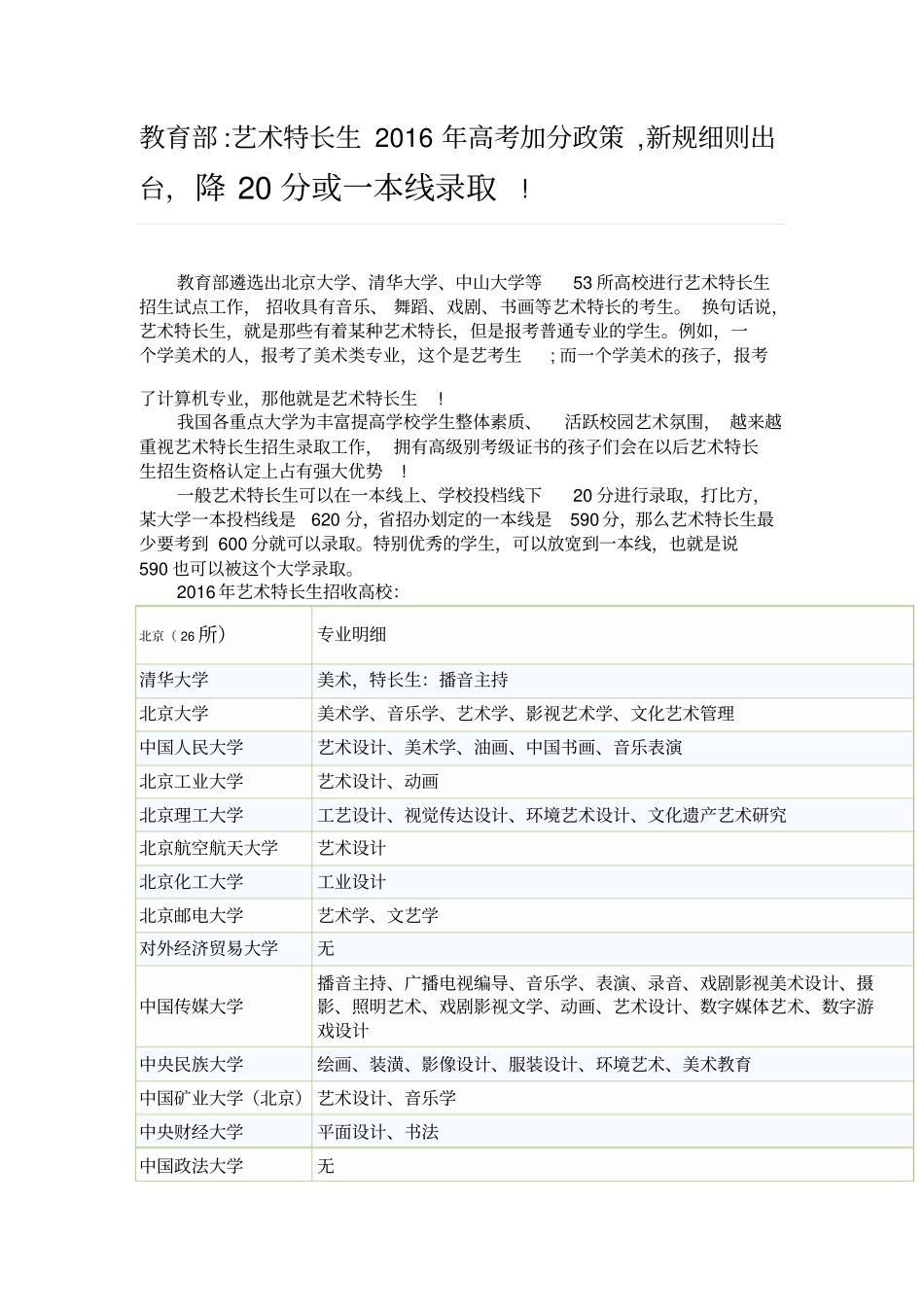 艺术特长生2016年高考加分政策分析_第1页