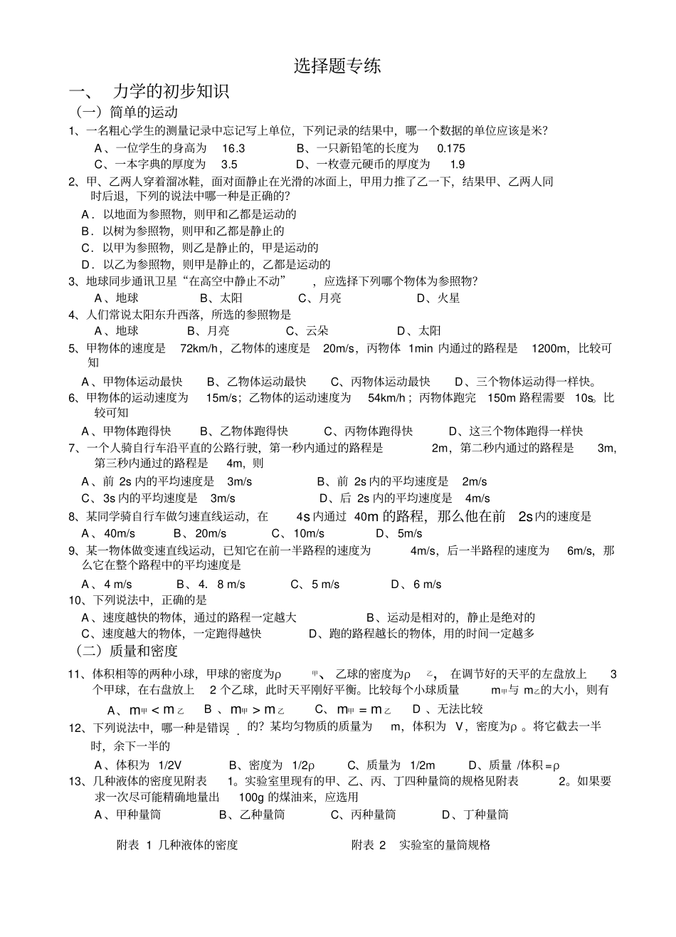 苏教版中考物理选择题专练_第1页