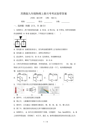 苏教版九年级物理上册月考考试卷带答案