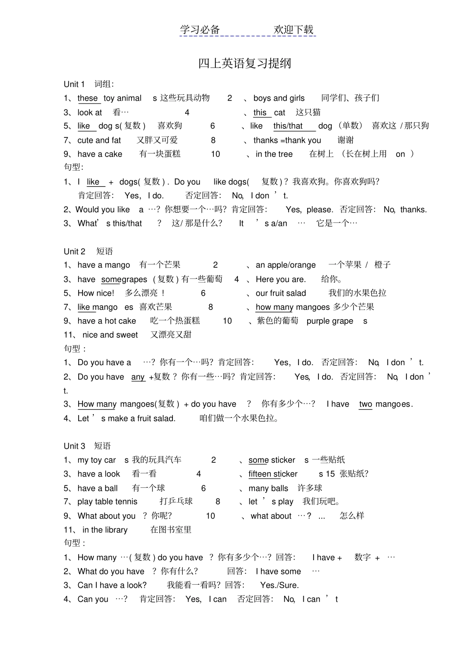 苏教版四年级英语上册复习提纲_第1页