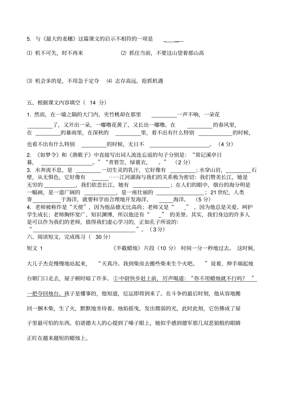 苏教版国标本小学语文六年级下册期末水平测试卷_第2页