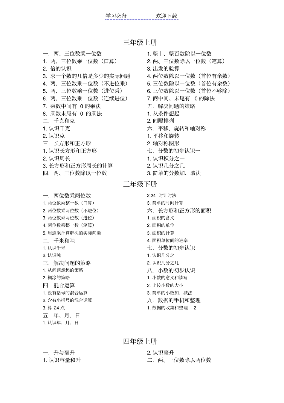 苏教版小学三至六年级数学知识点提纲_第1页