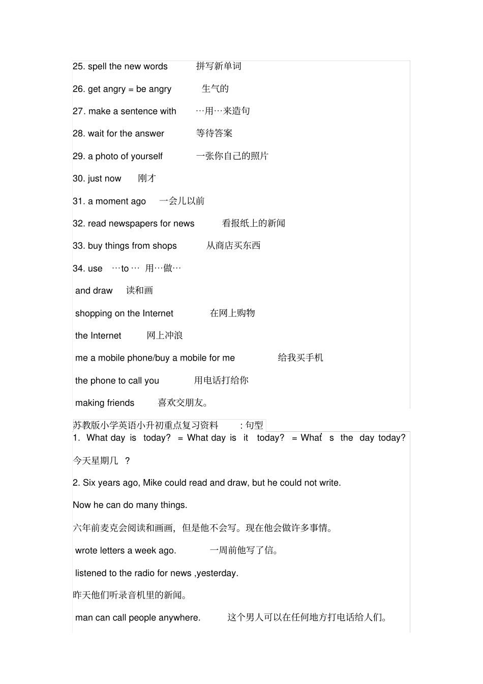 苏教版小学英语小升初重点复习资料单词、词组_第2页