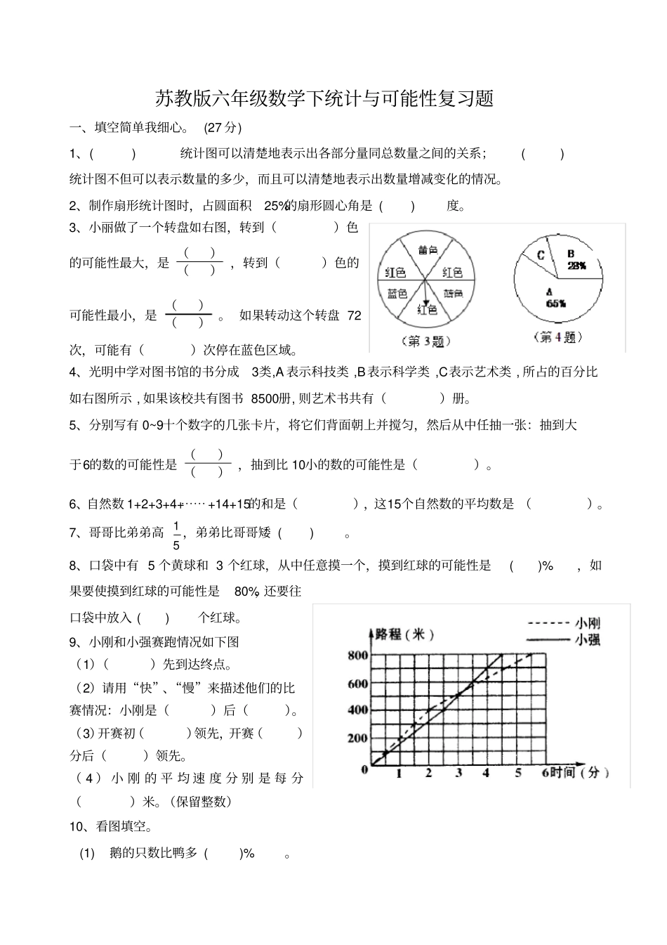 苏教版数学六年级下册统计与可能性总复习试卷_第1页