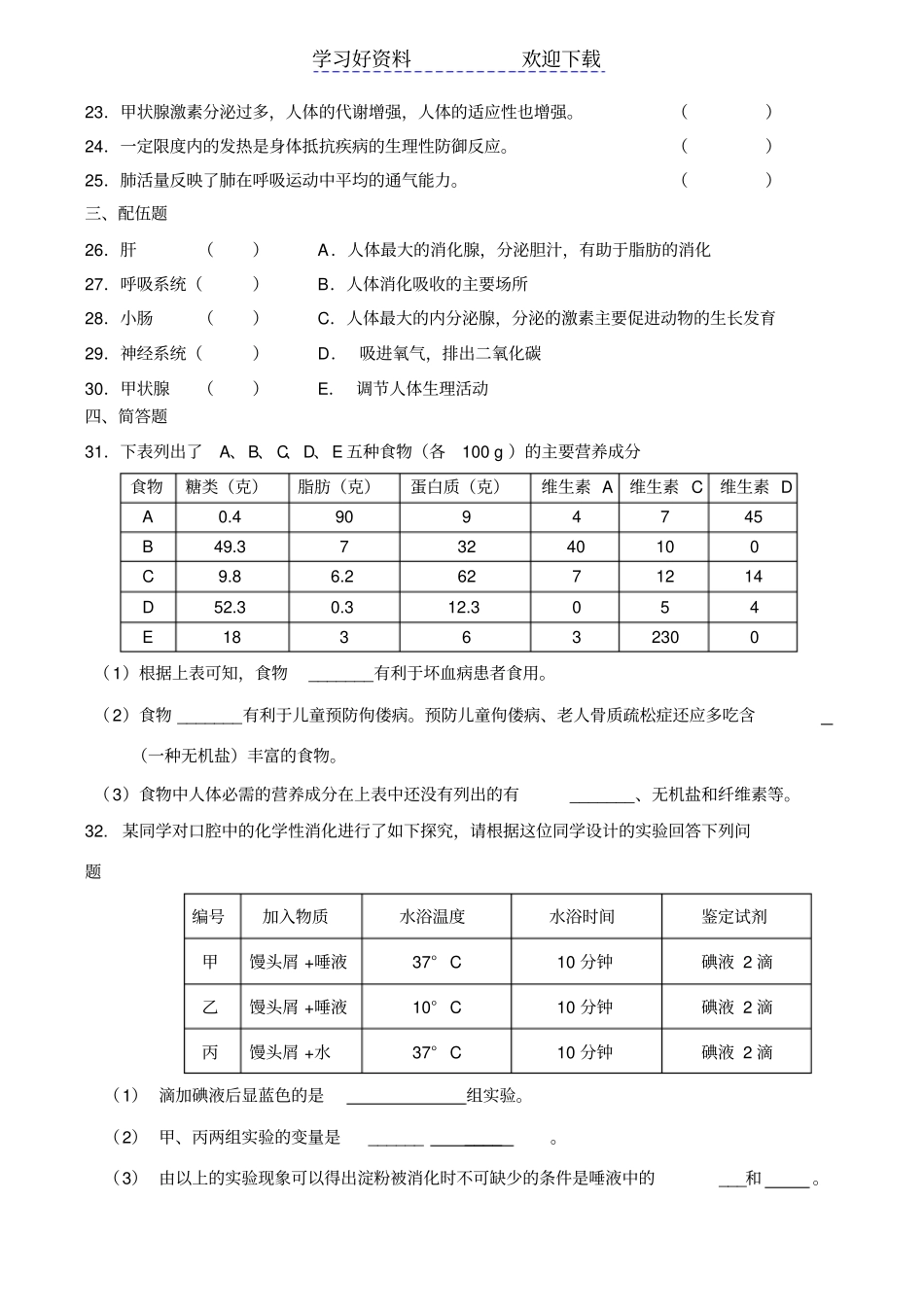 苏教版生物学七年级下册期末测试卷_第3页