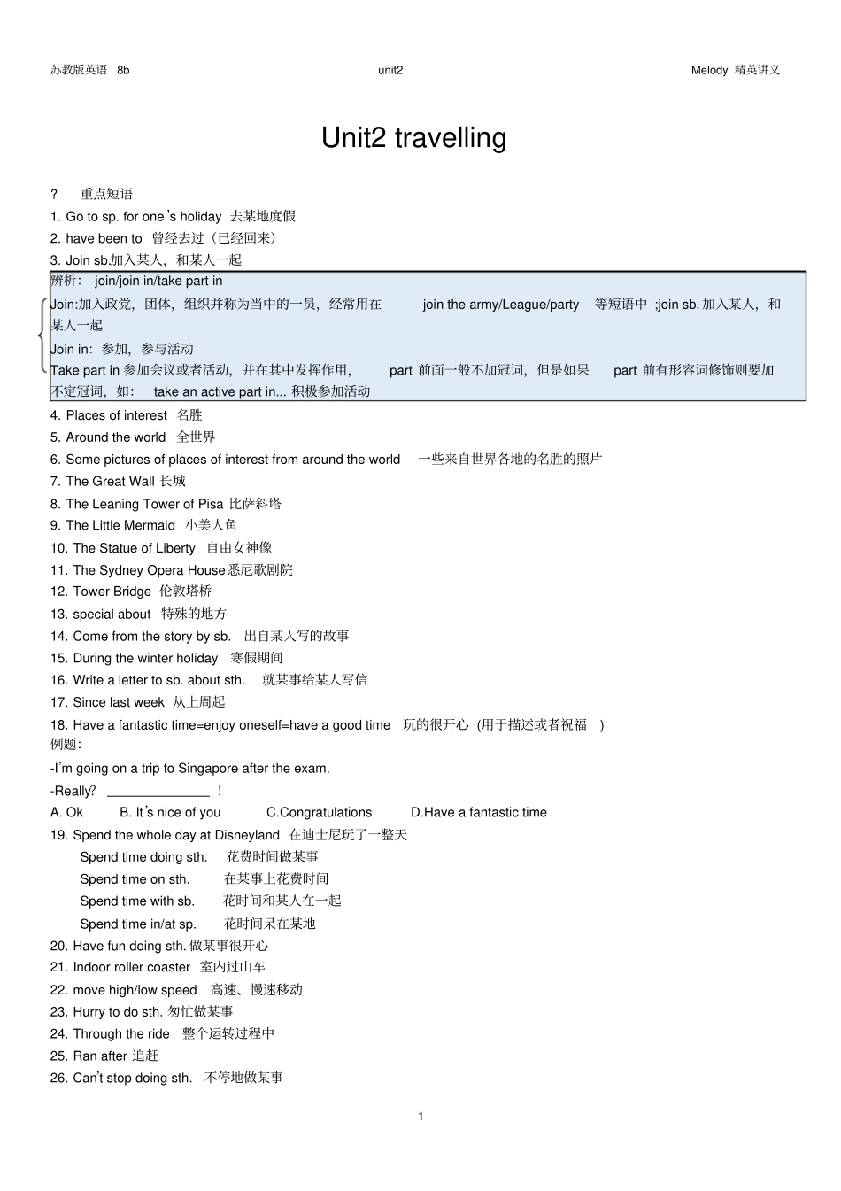 苏教版英语8bunit2知识点梳理_第1页