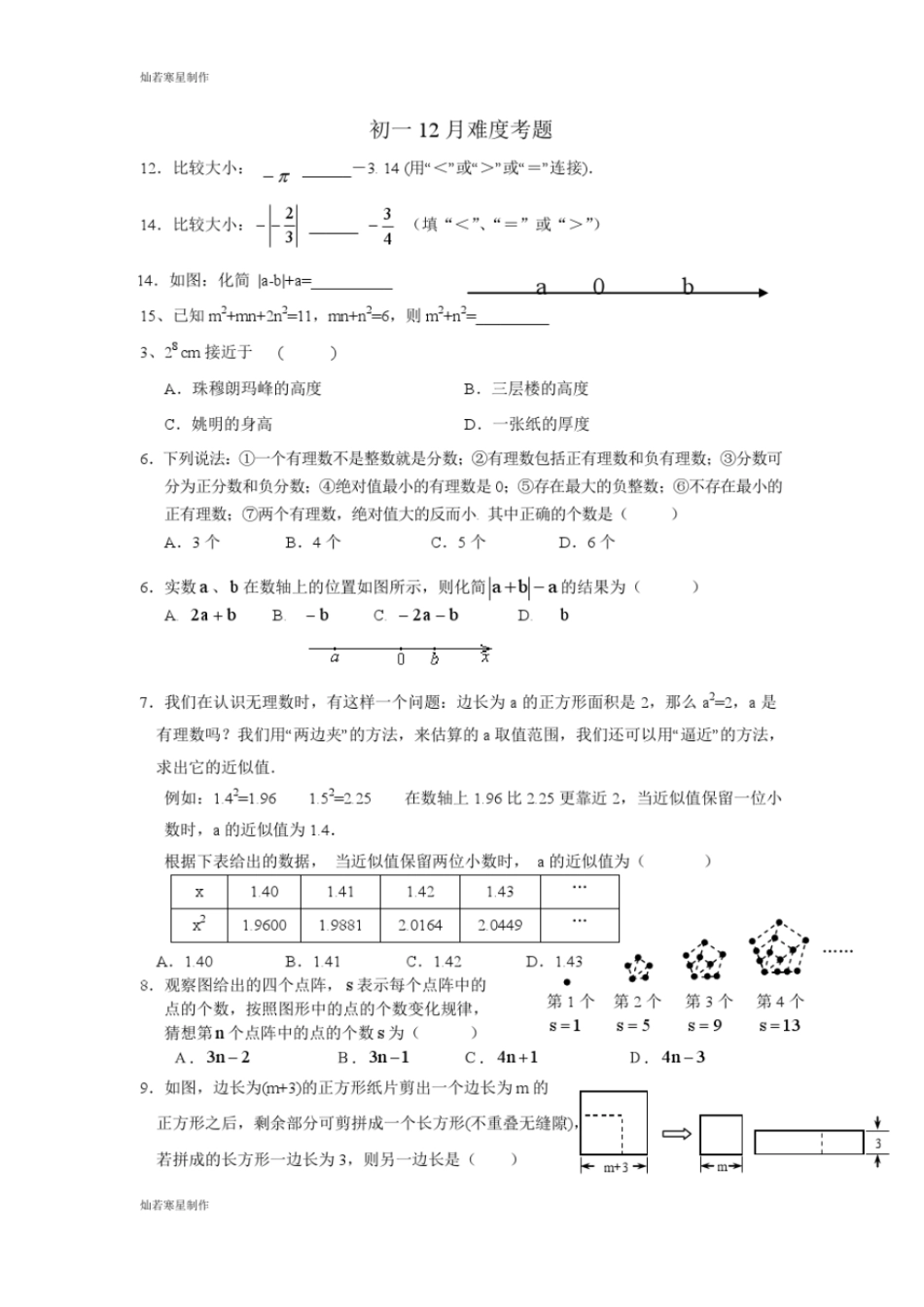 苏科版七年级上册数学初一12月难度考题_第1页