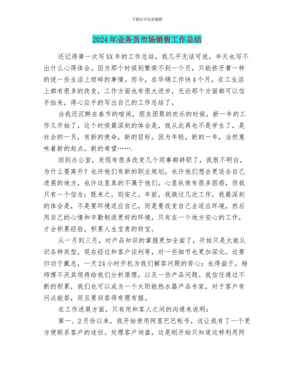2024年业务员市场销售工作总结_第1页