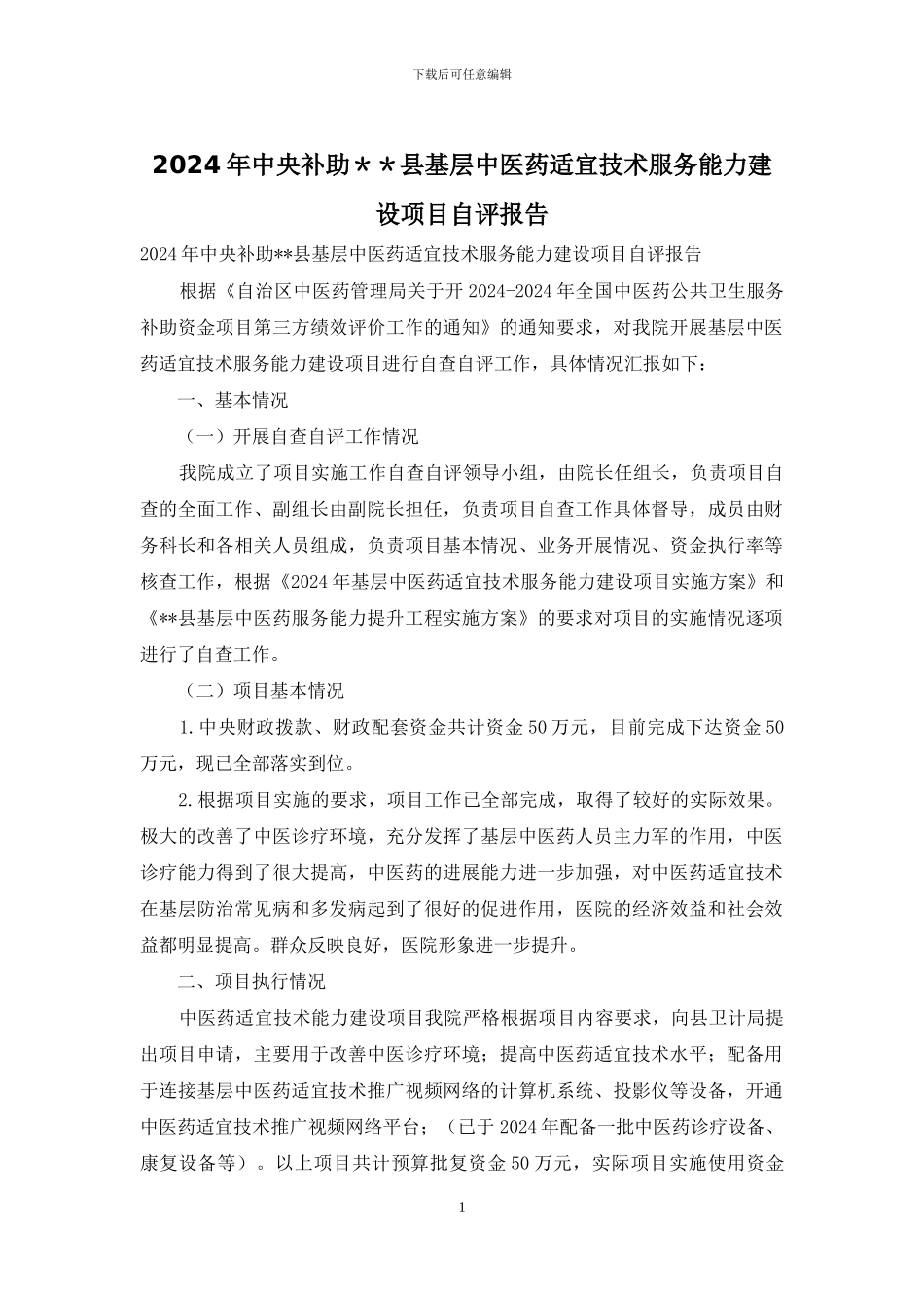 2024年中央补助＊＊县基层中医药适宜技术服务能力建设项目自评报告_第1页
