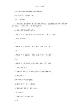 2024年中山市殡仪馆殡葬基本服务项目及收费标准表